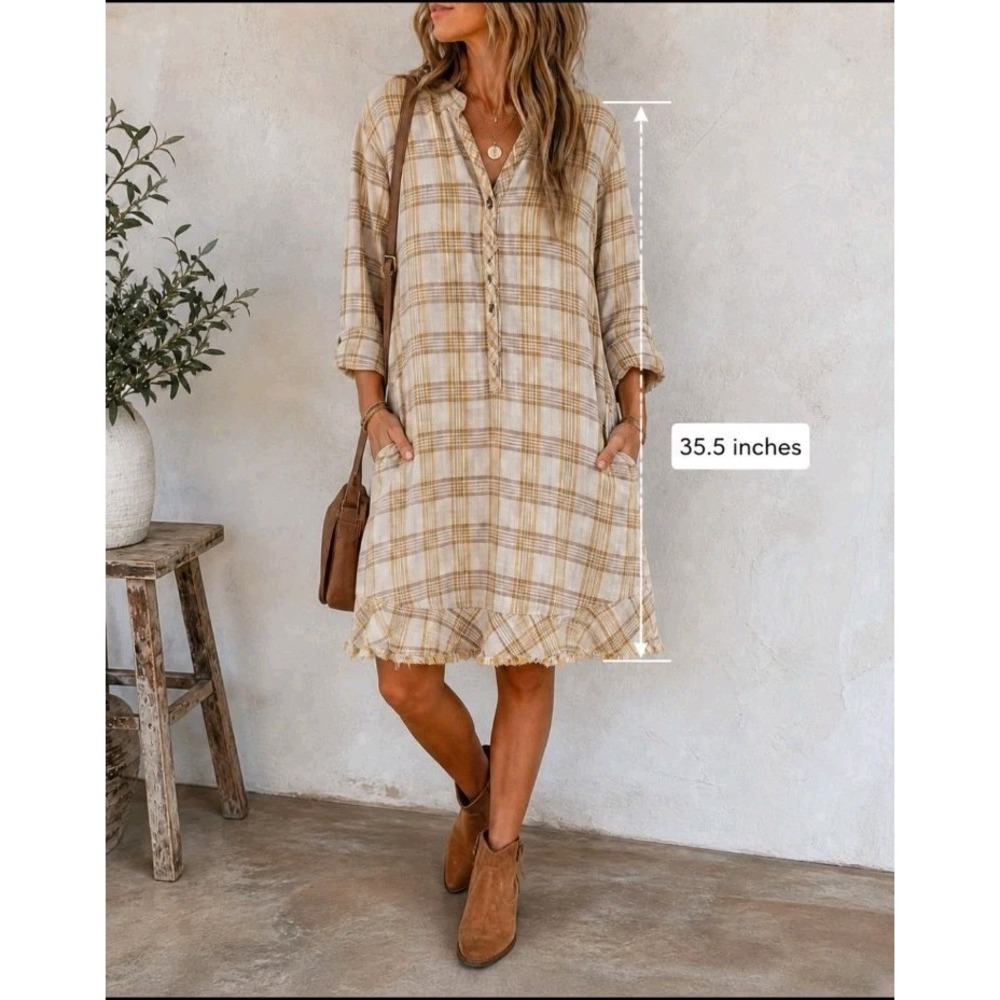 Uncle Frank Dress S Lagen Look 100% Cotton Plaid Tunic Cottagecore Gauze Pockets